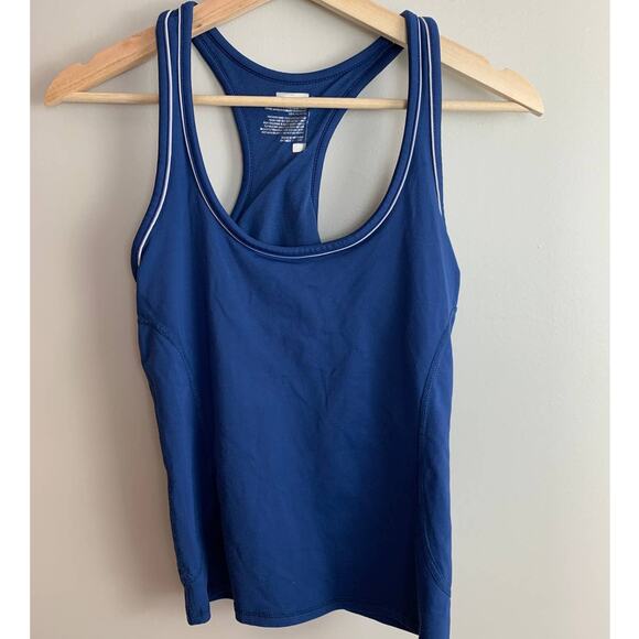 Athleta Navy Blue Racerback Workout Tank Top White Piping S Exercise Yoga - Picture 2 of 8